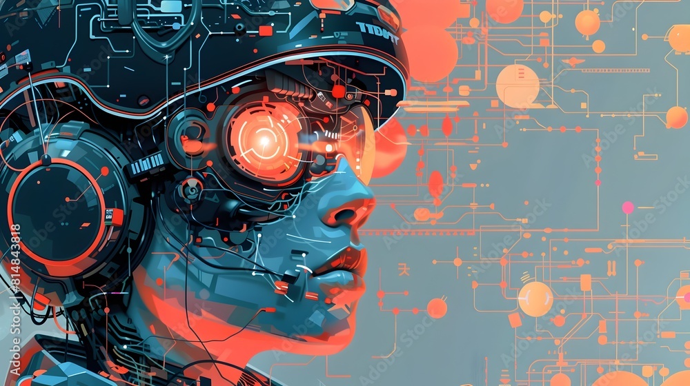 Poster intelligent cyborg interface with vibrant holographic displays and futuristic digital circuitry