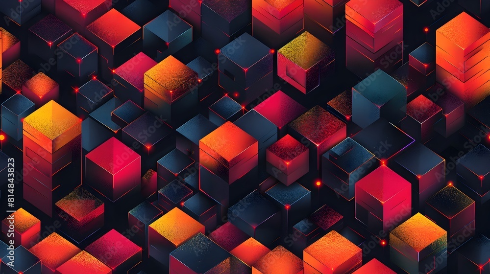 Poster Hypnotic Geometric Abstraction Vibrant 3D Cubes and Polygons in Vivid Colors
