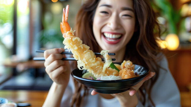 Japanese woman delighting in a plate of tempura