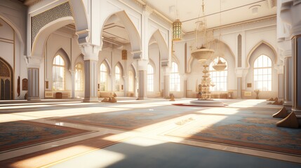 An opulent and expansive hall with intricate tile work and a central fountain. The hall is bathed in warm sunlight streaming in from arched windows.
