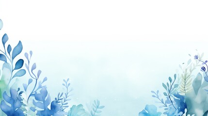 Fototapeta premium Aquarelle frame with blue and green leaves and flowers on a white background.
