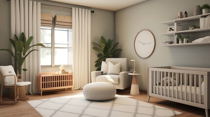Design a modern, minimalist nursery with a neutral color palette and pops of greenery