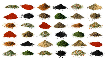 Zestaw przypraw i nasion. Czarnuszka, koper, papryka, impir. Białe tło, © markstudio2008