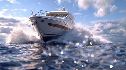 front view of yacht out of the water, splashing, set against the backdrop of a deep blue ocean. 