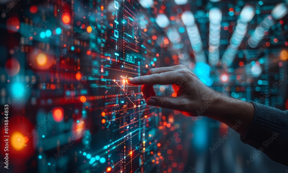 Poster man interacts with futuristic digital interface, touching arrow pointing up symbol
