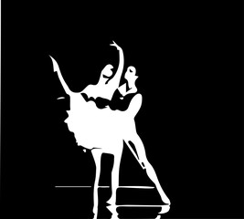 Ballet. Stylization. A guy and a girl ballet dancers perform a dance. White silhouette on a black background