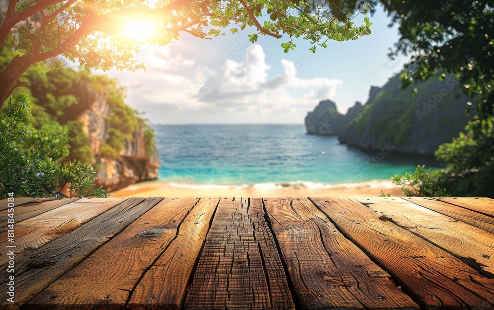 Poster a wooden board with a view of the ocean and a tree in the background