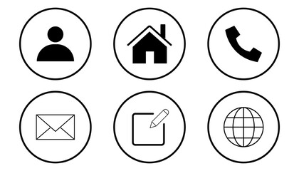 Call, mobile, globe, edit, home & user profile. Circle vector icons. Basic contacts icon 2024.