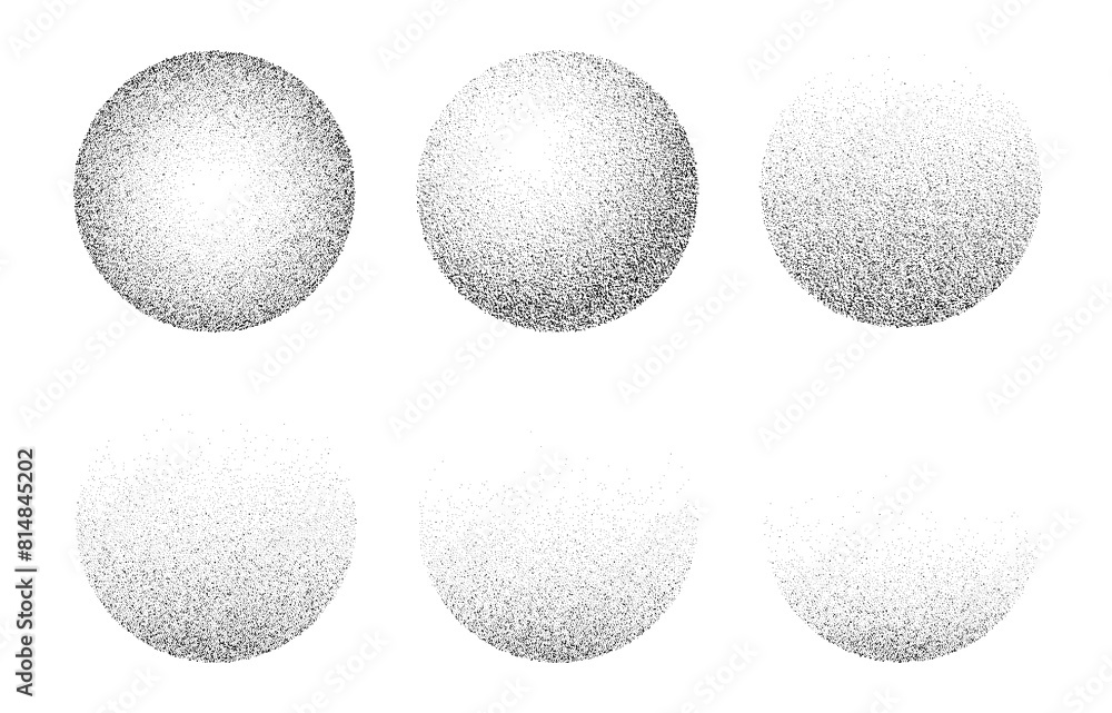 Poster Round noise grain. 3d vector abstract dotwork spheres or balls featuring different degree of grainy texture, from complete circles to halved with sand effect, stipple dots and grunge elements in black