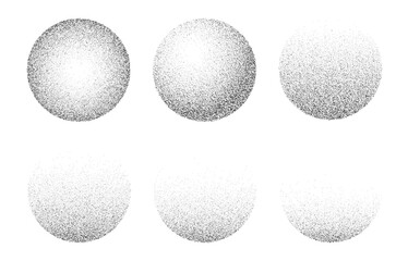 Round noise grain. 3d vector abstract dotwork spheres or balls featuring different degree of grainy texture, from complete circles to halved with sand effect, stipple dots and grunge elements in black