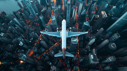 Commercial passenger plane flies over the cityscape below