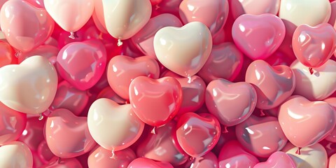 A celebratory 3D render showcasing a heartshaped pattern of pink and cream balloons, with a spacious area for custom text
