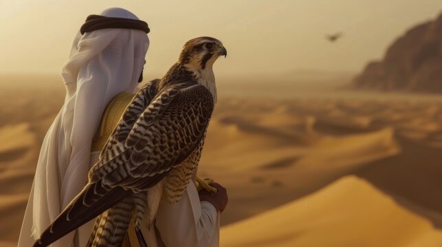 Arab man clad in traditional Emirati clothing and his majestic falcon as they walk through the desert