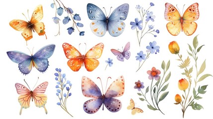A set of watercolors of various painted detailed butterflies and flowers on a white background