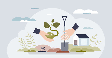 Community service work for nature protection tiny person hands concept. Sustainable, environmental and ecological activities to save planet and raise awareness about earth future vector illustration.