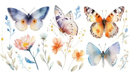 A set of watercolors of various painted detailed butterflies and flowers on a white background