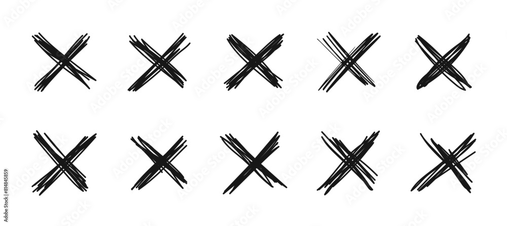 Poster x scribble mark. isolated vector monochrome cross symbols set. doodle x shapes used to represent mis