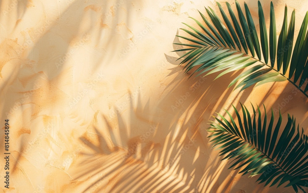 Poster a leafy palm tree casts a shadow on a tan wall. the shadow is long and stretches across the wall, cr