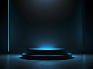 Background podium 3D light neon blue platform stage product abstract. Scene background 3D podium dark pedestal room glow studio empty stand floor night modern circle show space display game led black.