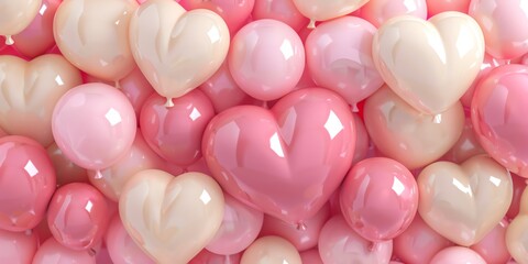 A celebratory 3D render showcasing a heartshaped pattern of pink and cream balloons, with a spacious area for custom text