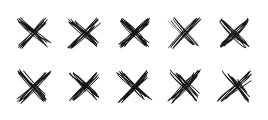 X scribble mark. Isolated vector monochrome cross symbols set. Doodle x shapes used to represent mistake, cancellation or informal annotation in sketches, notes or drawings. Black scribble crosses