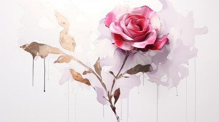 Aquarelle d'une rose rose sur fond blanc avec des traces de peinture qui coulent. Art, dessin, peindre. Nature, beauté, fleur, plante. Pour conception et création graphique. 