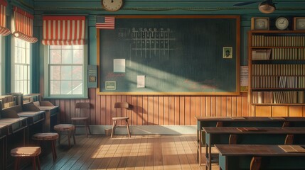 A classroom with a chalkboard in a school in America in 1920 is colorful and super photorealistic