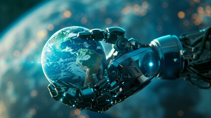 Robot hand holding planet Earth