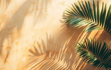 Obraz premium A leafy palm tree casts a shadow on a tan wall. The shadow is long and stretches across the wall, creating a sense of depth and dimension