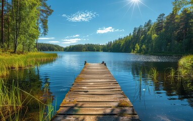 A wooden bridge spans a lake, with a clear blue sky above. The water is calm and peaceful, and the trees surrounding the lake create a serene atmosphere