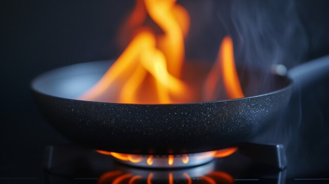 Frying pan with a bright flame heating up on an induction hob