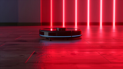 Vacuum Robot cleaning at home. Robot vacuum cleaner in the modern home.