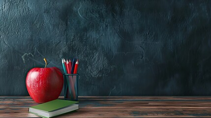 Classroom desk with apple, book and pencil box on it, blackboard background, space for text. Teachers day. Back to school. copy space for text.