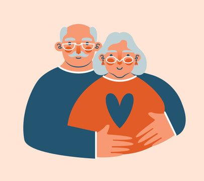 recommend clip art: Couple of grandfather and grandmother, who hugging. International Day of Older Persons.  Cute portraits of grandparents. Care, support for pensioners. Older women and men in flat style.