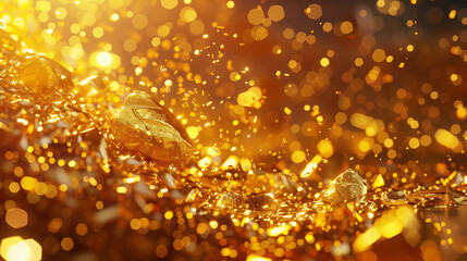 pure gold on Reflection background. Group of precious golden stones,
