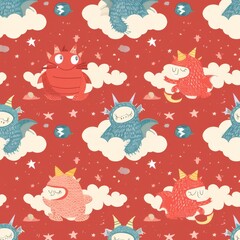 Charming hand-drawn baby monsters resting peacefully on clouds, seamless pattern on a red birthday backdrop for unique, eco-conscious nursery textiles
