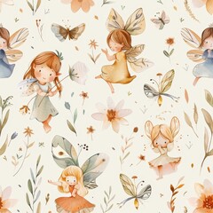 Charming seamless nursery pattern in watercolor, featuring playful fairies and pastel flowers, tailored for sustainable textile and wallpaper designs © Alpha