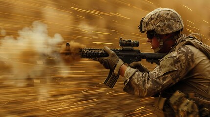 Composition of soldier firing gun, against motion blur brown background. copy space for text.