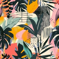 Contemporary hand-drawn seamless pattern with tropical plants intertwined with abstract geometric shapes, suitable for chic eco-friendly wallpapers