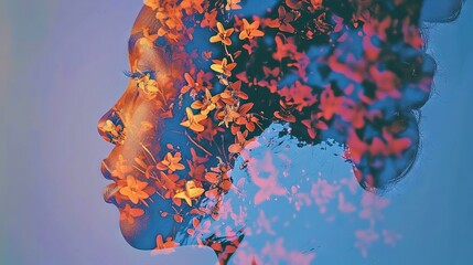   A close-up portrait of a female head, surrounded by blooms cascading from her hair and set against a blue backdrop