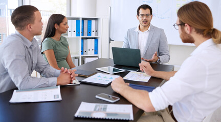 Obraz premium Group, discussion and business people in meeting for brainstorming ideas or planning on laptop in office. Team, collaboration and project strategy for financial analyst talking in training workshop