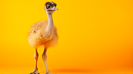 Fototapeta premium Baby ostrich with big eyes on a yellow background
