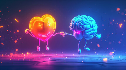 Cute pink brain and heart holding hands. Funny cartoon Concept of balance of mind and soul, thoughts and feelings.