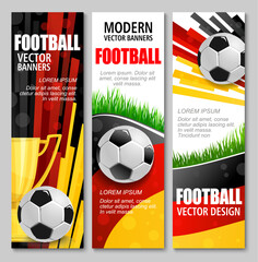 Naklejka premium Euro soccer cup 2024 banners. Modern football vector promotional cards with 3d soccer balls, grass and trophy. Vertical flyers in red, black, yellow and white colors for European German tournament