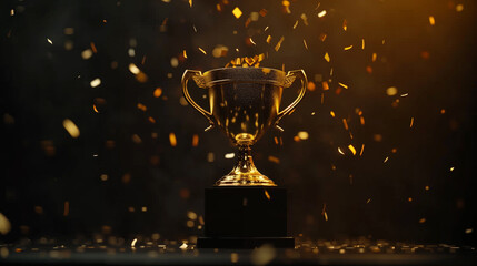 Golden champion cup with glittering confetti particles. Sport tournament award. Victory concept