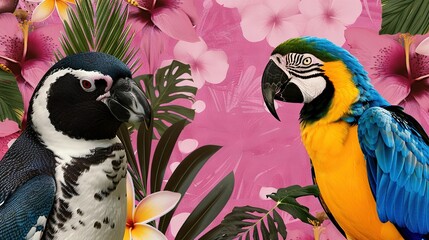 Obraz premium Two parrots stand together against a pink backdrop featuring tropical blooms and palm fronds