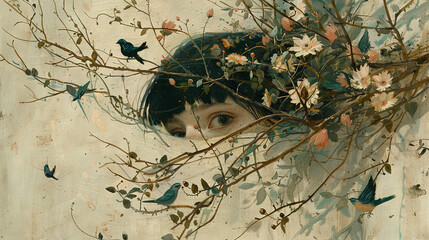  A woman peeks from behind branches as birds fly around her face in the painting