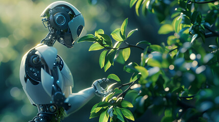 Robot Hand holding growing tree background. ecology and innovative technology concept.