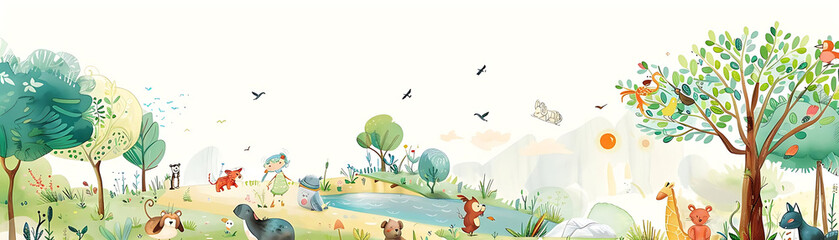 children's illustration of a serene pond surrounded by lush green trees and a flying bird, with a white wall in the background