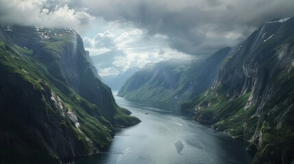 Aerial view of the Sognefjord in Norway, the longest and deepest fjord in Norway, with steep mountains and deep waters, a